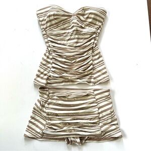 DKNY Vintage 2 Piece Tankini Strapless Stripes Swim Suit Ivory Tan